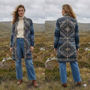 J Jill Wool Blend Fair Isle Long Cardigan Coat S Petite Boho Southwestern Aztec
